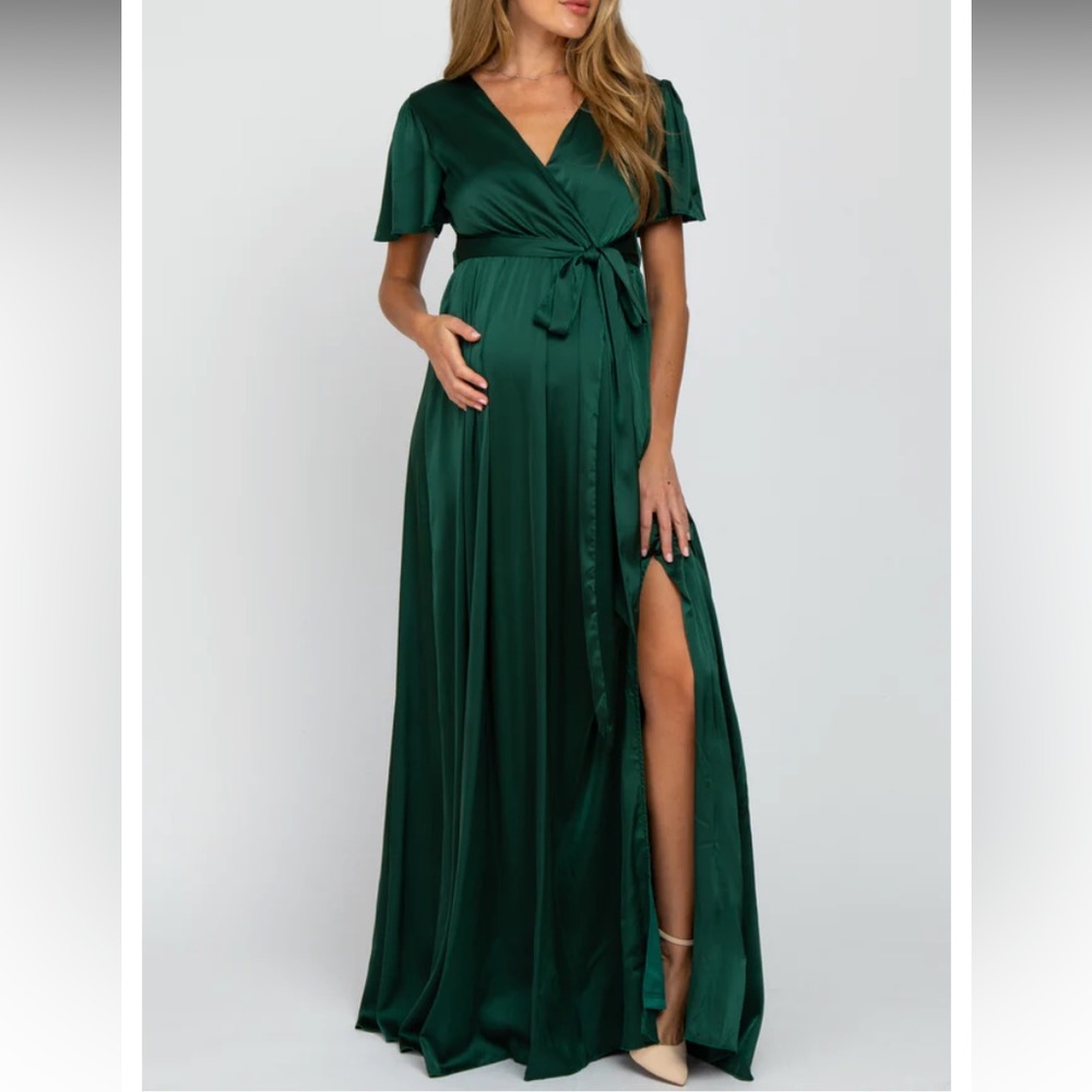 Green Side Slit Satin Maternity Maxi Dress